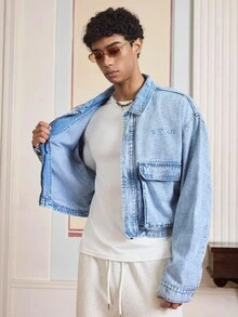 SWAVVY 男士牛仔夹克，时尚复古休闲夹克，秋季 - 淺藍色 - 查看 7