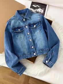 Comfortcana 女式前扣长袖口袋休闲牛仔夹克 - 中等水洗藍 - 查看 6