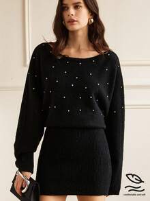 GENKIRA Rhinestone Embellished Asymmetrical Shoulder Black Bodycon Sweater Dress, Sexy 2 In 1 Outfit Fall Winter For Women - Black - View 1