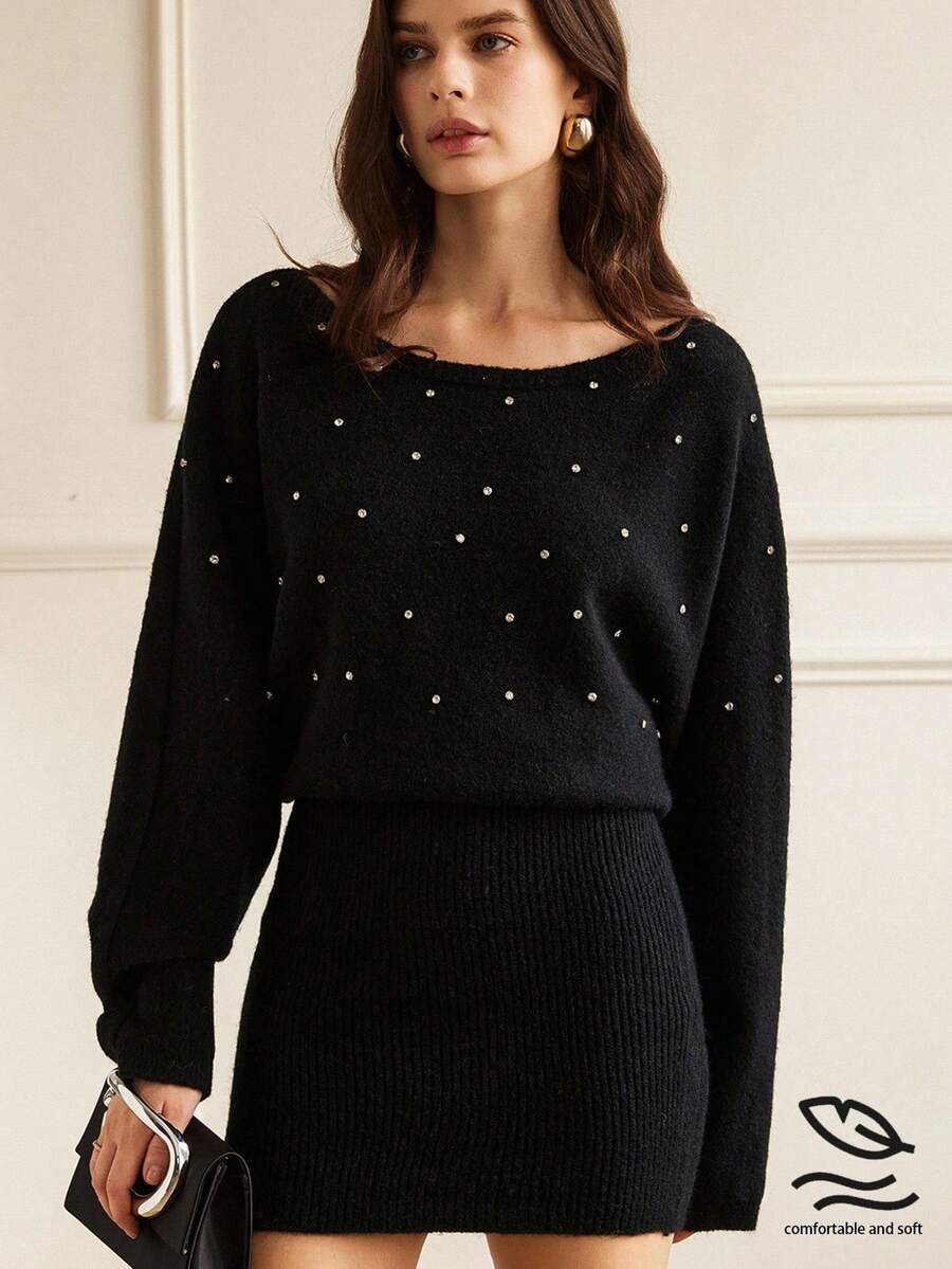 GENKIRA Rhinestone Embellished Asymmetrical Shoulder Black Bodycon Sweater Dress, Sexy 2 In 1 Outfit Fall Winter For Women - Black - View 1
