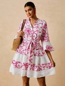 Travachic Plus Size Romantic Pink Floral Print Mandarin Collar 3/4 Sleeve Embroidered Patchwork Belted A-Line Short Dress, New Arrival For Autumn - Pink - View 4