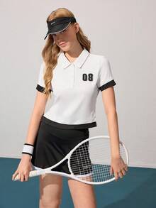 Gameset SHEIN Sport 女式休闲拼色数字印花运动 Polo 衫，夏季 - 白色 - 查看 3