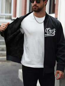 Manfinity Homme Plus Size Men's Letter Print Fleece Baseball Jacket,Black And White Varsity Jacket,Winter Streetwear,City Break,Back-To-School,Zip Up Graphic Bomber - Black - View 4