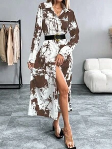 Breezaya Váy sơ mi in họa tiết nhuộm loang thời trang dành cho nữ, váy dài Maxi mùa xuân thu dành cho nữ, váy dài thường ngày, váy dài tay dành cho nữ - màu nâu - Xem 4