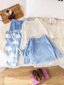 4 件套女婴情人节可爱心形和云朵印花圆领长袖上衣和柔软羊毛睡衣套装 - 藍白色 - 查看 2