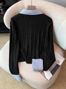 Franclia Fashionable Blogger-Inspired 2 In 1 Patchwork Knit Cropped Cardigan, European And American Style Cable Knit Cardigan Preppy Clothes Women Button Up Cardigan Collared Cardigan Cardigan Sweater