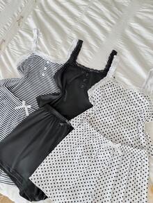 SHEIN 3件套：休闲修身仿门襟蕾丝拼布多色印花吊带短裤女童睡衣 - 彩色 - 查看 6