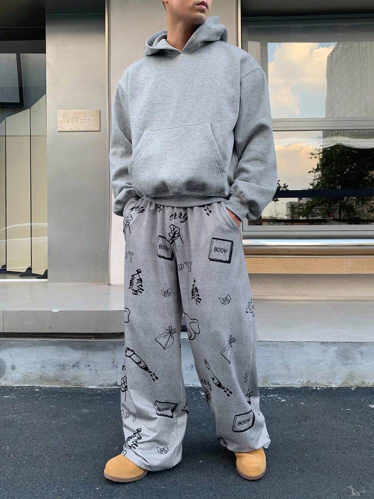 Men's Letter Print Graphic Hoodie And Solid Color Pants Set, Streetwear Style, Autumn