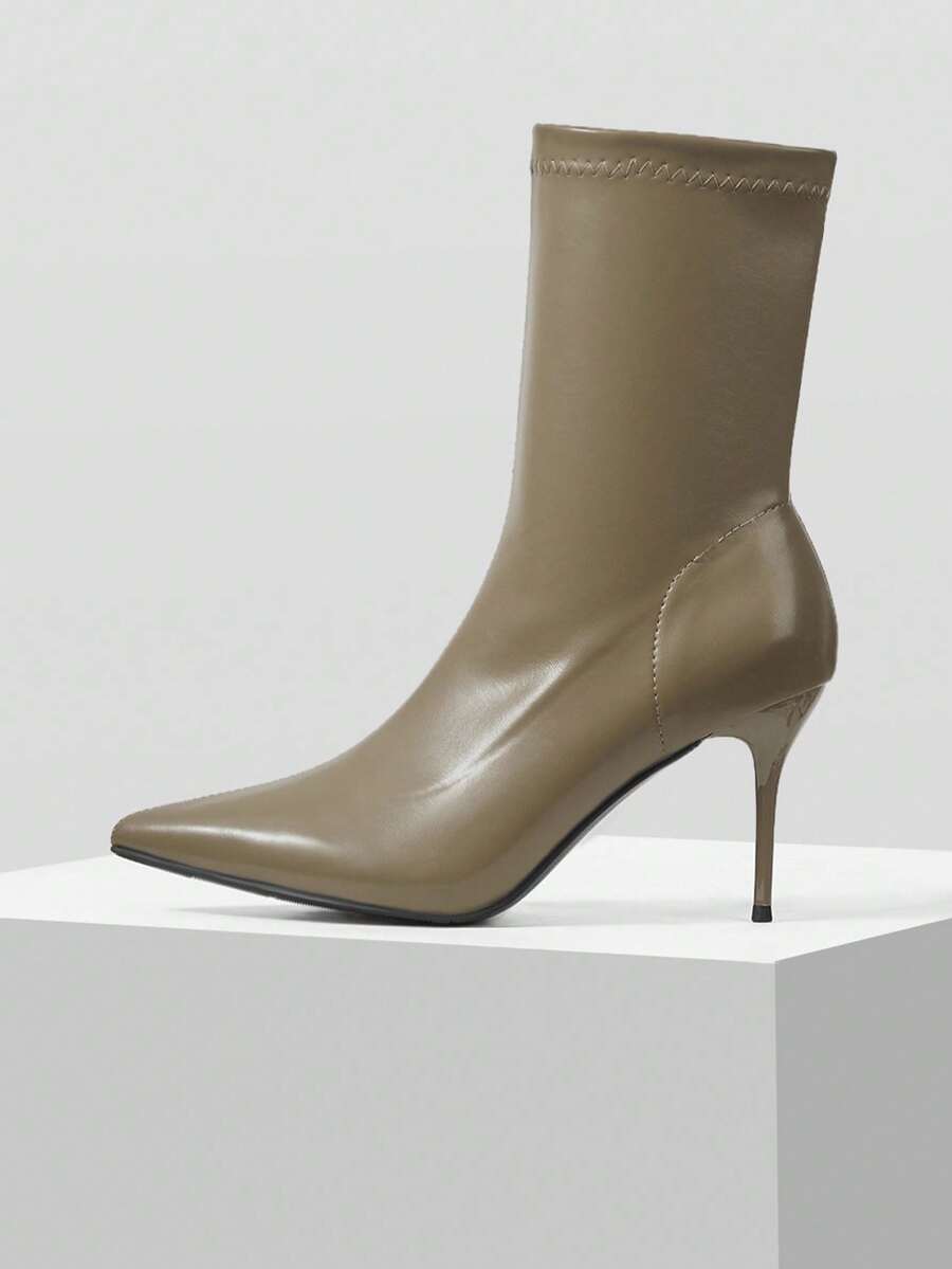 MOTF 法式尖头细高跟踝靴，女款，新款秋冬复古宽筒靴 - 卡其色 - 查看 1