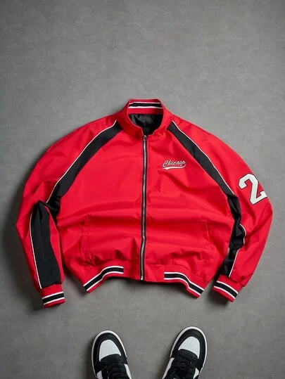 PAVTROS Men's Autumn Letter Print Contrast Color Raglan Sleeve Casual Jacket, Christmas