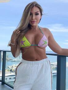 Cioccolato Halterneck Contrast Starfish Applique Triangle Bikini Top Only Beach Swimwear Vacation Summer Holiday Cute Sexy Ibiza Elegant Y2k Marine - Multicolor - View 3