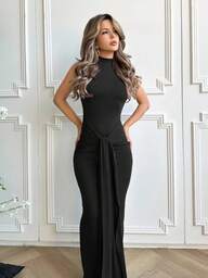 Jemour Damska sukienka z wysokim kołnierzem i wiązaniem z przodu, seksowna, bardzo długa