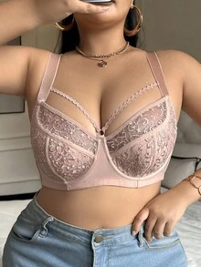 LustreForm 1pc Plus Size Mesh Embroidered Underwire Bra, Lift - Apricot - View 5