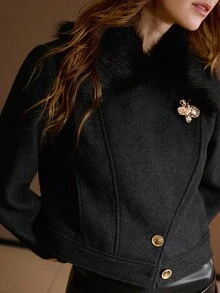 MOTF PREMIUM Áo khoác ngắn cổ len thanh lịch, mùa thu/đông - màu đen - Xem 2