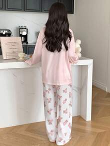 少女可爱熊印花宽松睡衣套装，休闲家居，日常穿着 - 粉色 - 查看 2