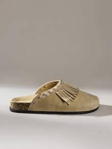 Solecia Giày Brogues mũi tròn có tua rua dành cho nữ, giày bệt có quai khóa kép đính đá lấp lánh, thoải mái khi đi làm, dự tiệc, đi làm, thời trang đa năng - Màu Khaki - Xem 3