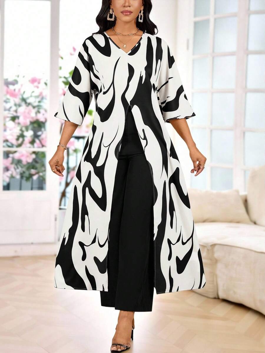 SHEIN Lady Women's Casual V-Neck Long Split Top And Pants 2 Pieces Set - Black and White - View 1