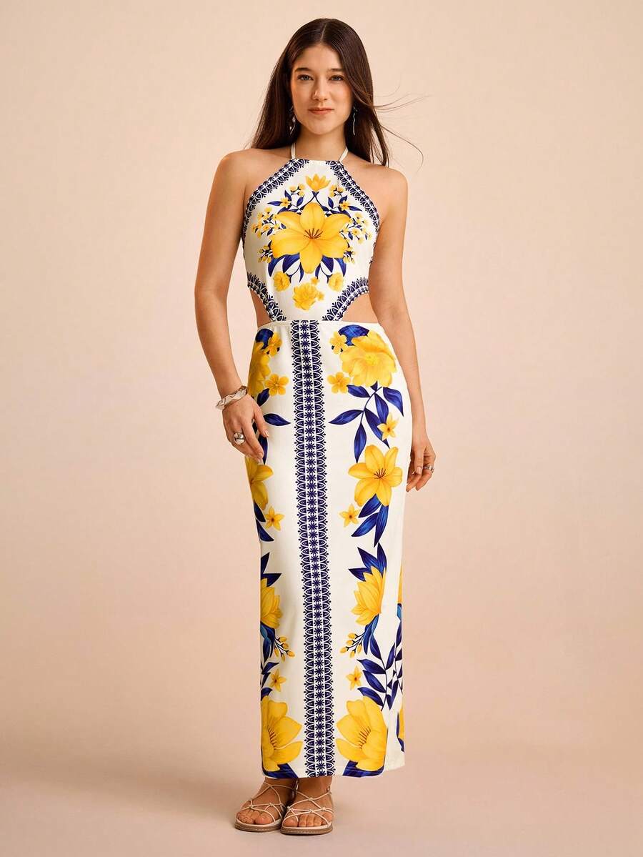 CAJUNI Vestido largo de verano con estampado brasileño en azul y amarillo, con escote halter, espalda descubierta y cintura con lazo para mujer