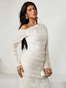 Rafferiza Women's Elegant Off-White Oblique Shoulder Long Sleeve Pleated Texture Dress,Autumn Brunch Outfit,Chic Professional Commuter Office Attire - Apricot - View 5