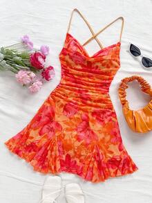 Soleia 女士度假细肩带迷你连衣裙，垂坠领口，露背，系带蝴蝶结，鱼尾，性感风格，迷你连衣裙，及膝长裙，购物装，浪漫装，约会装，沙滩装，网眼装，年轻，少女感 - 彩色 - 查看 7