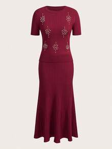 Modelyn 2pcs Set Solid Color Bubble Decor Fitted Knit Round Neck A-Line Elegant Skirt & Skirt Set