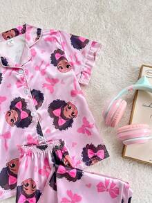 SHEIN 女童仿丝花卉印花荷叶边袖上衣和长裤睡衣套装 - 紫色 - 查看 6