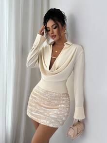 Selianne Women's Elegant Sexy Small Lapel Plunging Neckline Long Sleeve Top - Champagne - View 3