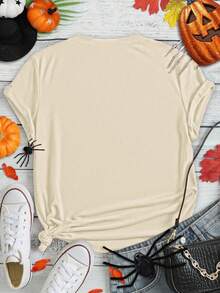 EMERY ROSE Plus Size Fall Pumpkin Spice Autumn Printed Casual T-Shirt Top Halloween - Beige - View 2