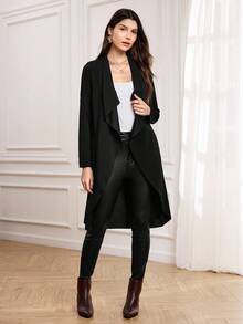 Miaspire Waterfall Collar Slant Pocket Coat Black Blazer Womenblack Trench Coat Womenlong Black Coat - Black - View 5