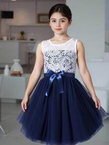 Tween Girls Fashionable Elegant Sweet Contrast Color Splicing Mesh Dress Summer Holiday - Navy Blue - View 4