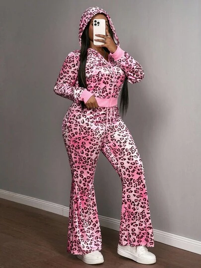 Slaydiva 2025 가을 플러스플러스 사이즈 여성 의상, Y2K/직장/사무실/나들이/공항/스트리트 스타일/펑크/그런지/섹시 베이비, 벨벳 핑크 레오파드 프린트 세트 - A