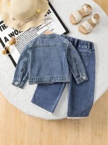 Baby Girls 2 Pieces Denim Set, Cute & Fashionable Light Blue Denim Jacket With Ruffle Collar And Loose Straight Leg Jeans With Floral Hem Fall Winter - Light Wash - View 2