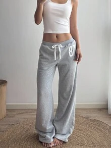 Sunnyshic 女式宽松休闲慢跑裤，带数字 87 刺绣，低腰，撞色腰带，抽绳，斜插袋，喇叭裤腿，舒适的居家/日常/街头服饰，复古运动风格，春夏 - 灰色 - 查看 3