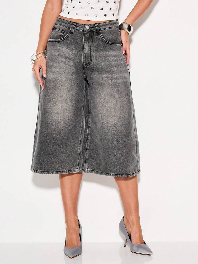 KIZN High Waisted Wide Leg Denim Jorts