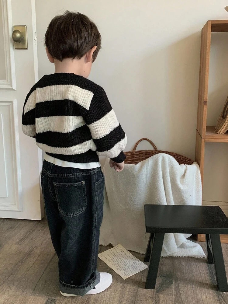 Toddler Boys' Casual Striped Crew Neck Loose Fit Knit Sweater, Autumn/Winter