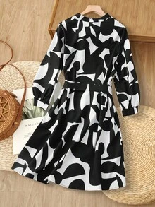 Rusticease Vestido corto casual de vacaciones con estampado total y cuello con muesca para mujeres - Multicolor - Ver 2