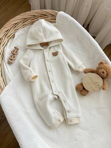 SHEIN 新生女婴可爱卡通图案保暖内衬厚针织连帽连体衣 - 米色 - 查看 3