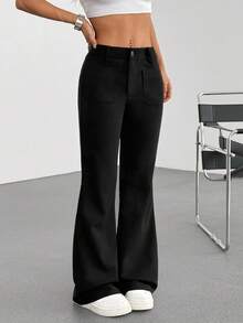 Flirla Petite 1 件女士黑色针织弹力面料低腰修身喇叭裤，通勤休闲装，春秋季 - 黑色 - 查看 3