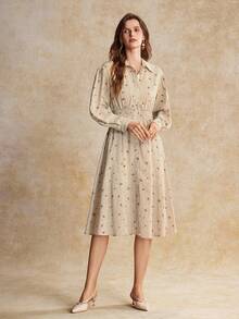 House of One Floral Print Loose Fit Woven Button Up Midi Dress Women Autumn Elegant Casual Wear