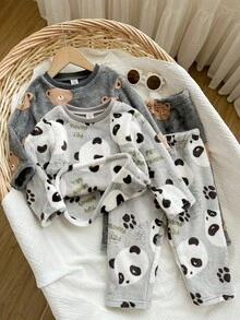 SHEIN 4pcs/Set Baby Boy/Girl Cute Fluffy Cartoon Bear Print Long Sleeve Pajama Set, Unisex Baby Clothes, Baby Winter Clothes Baby Unisex Clothes Sets - Multicolor - View 6