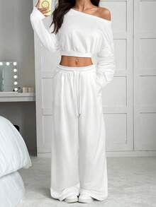SHEIN EZwear 2 件套女士不对称领落肩短款上衣和阔腿休闲裤，秋季 - 白色 - 查看 5