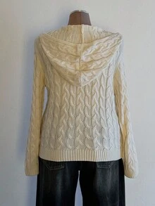 Sunspun Plus Size Women Textured Knit Hooded Front Zip Cardigan Sweater, Suitable For Autumn/Winter, Back To School/Commuting Outfits Fall