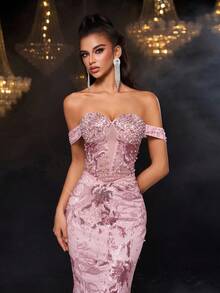 Glamrae Elegant And Gorgeous Mesh Sequin Embroidery One-Shoulder Heavy-Duty Full-Piece Three-Dimensional Hand-Beaded Cannon Beads Front Center Fishtail Tail Tail Suitable For Dating Parties, Wedding Events Heavy-Duty Evening Dress