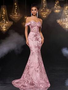 Glamrae Elegant And Gorgeous Mesh Sequin Embroidery One-Shoulder Heavy-Duty Full-Piece Three-Dimensional Hand-Beaded Cannon Beads Front Center Fishtail Tail Tail Suitable For Dating Parties, Wedding Events Heavy-Duty Evening Dress