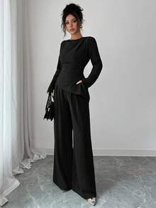 SHEIN Raffinéa 2pcs/Set Women Round Neck Solid Color Pleated Asymmetrical Hem Long Sleeve Top - Black - View 4