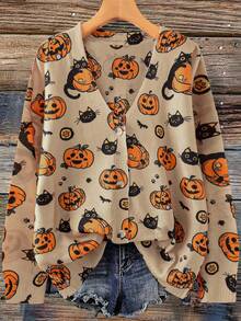 SHEIN LUNE Plus Size Women Colorful Pumpkin Pattern Casual Loose Knit Cardigan Fall Winter Cloth For Women Autumn Halloween - Orange - View 1