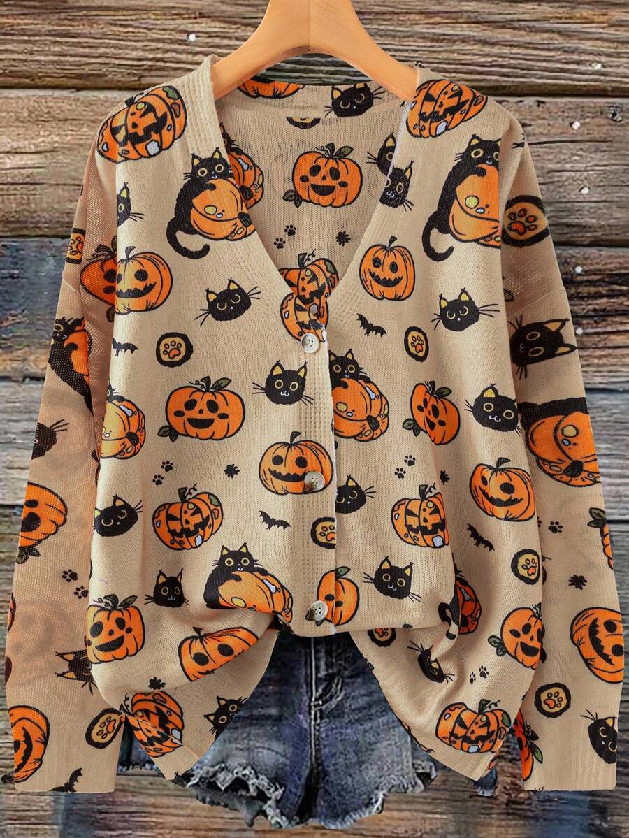 SHEIN LUNE Plus Size Women Colorful Pumpkin Pattern Casual Loose Knit Cardigan Fall Winter Cloth For Women Autumn Halloween - Orange - View 1