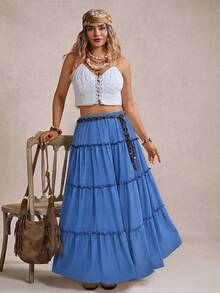 Freevana Plus Size Casual Solid Color Layered Ruffle Hem A-Line Skirt, Suitable For Everyday Wear - Blue - View 6