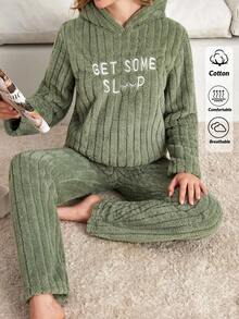 EURMUSE Conjunto de pijama de 2 piezas para mujer con detalle bordado de letras, con capucha y suave felpa para estar en casa - Verde - Ver 1