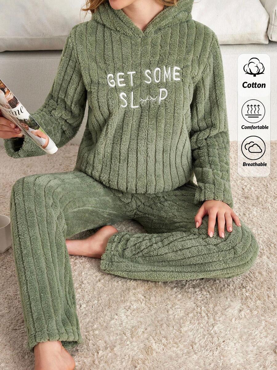 EURMUSE Conjunto de pijama de 2 piezas para mujer con detalle bordado de letras, con capucha y suave felpa para estar en casa - Verde - Ver 1